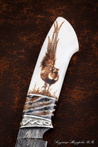 Pheasant Damascus knife moose horn mammoth bone, nickel silver