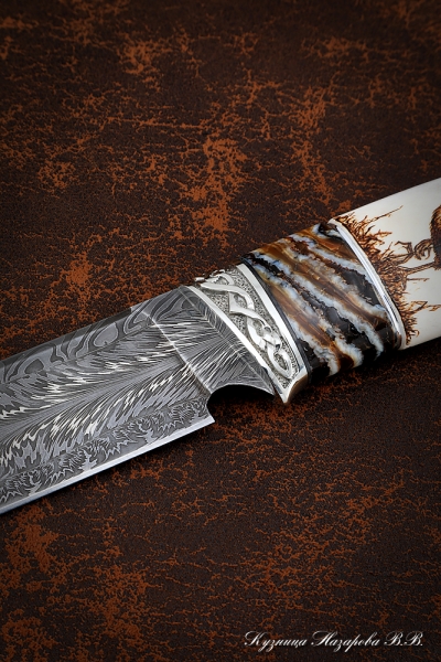 Pheasant Damascus knife moose horn mammoth bone, nickel silver