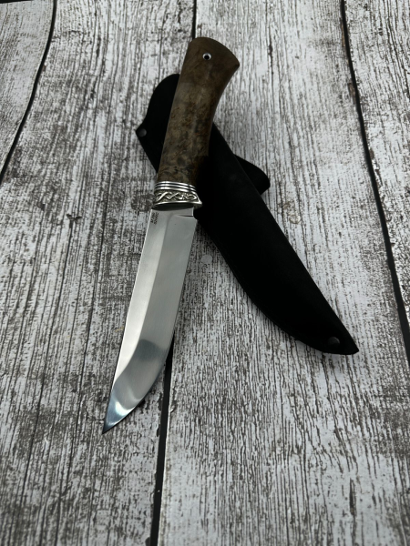 Gadfly knife steel M390 handle Karelian birch brown nickel silver (SALE)