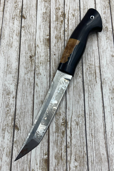 Нож "Танто" сталь D2, рукоять гибрид: карельская береза янтарь и акрил черный, черный граб (распродажа)  