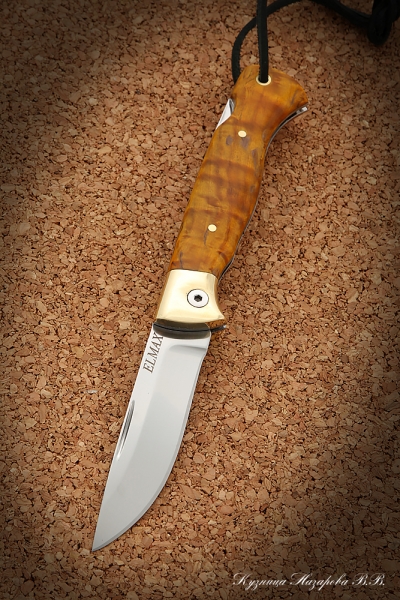 Нож складной Волк сталь Elmax накладки стабилизированная карельская береза янтарная