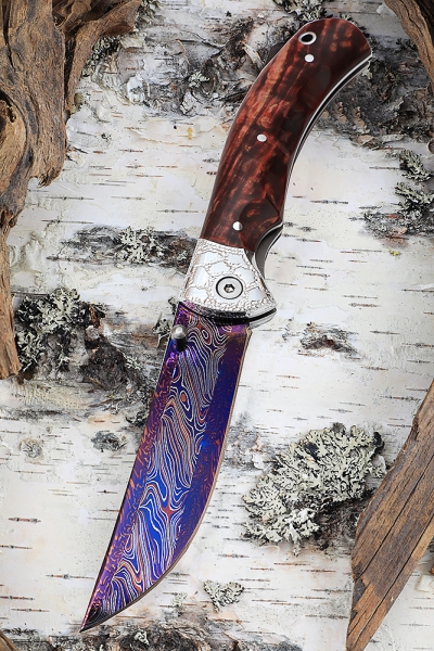 Folding knife Korsak Damascus end with bluing lining Karelian birch (red) (Coutellia)