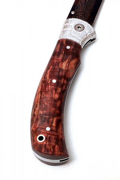 Нож складной Корсак дамаск торцевой с воронением накладки карельская береза (красная) (Coutellia)