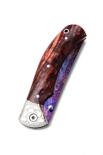 Нож складной Корсак дамаск торцевой с воронением накладки карельская береза (красная) (Coutellia)
