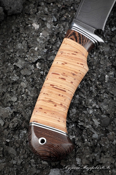 Hunting knife Damascus handle birch bark