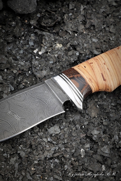 Hunting knife Damascus handle birch bark