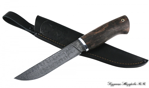 Knife Dominator Damascus stabilized Karelian birch (brown)
