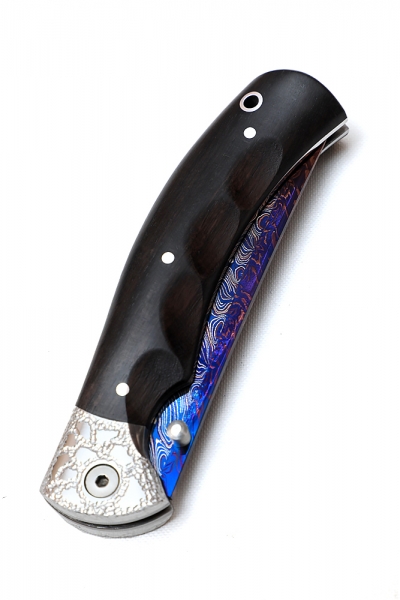 Нож складной Корсак дамаск торцевой с воронением накладки черный граб с дюралью (Coutellia)