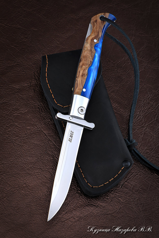 Нож Финка НКВД складная сталь Elmax накладки карельская береза акрил синий
