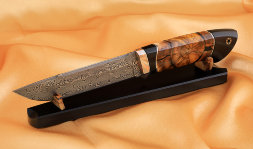 Knife Boar Damascus stainless mammoth bone black hornbeam mokume-gane on a stand