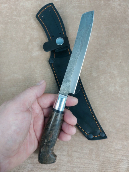 Нож Шеф № 2 ламинированный дамаск карельская береза коричневая (распродажа)  