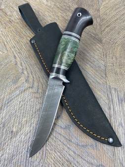 Нож Рыбак 2 дамаск стабилизированная карельская береза зеленая черный граб (распродажа)