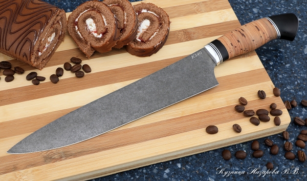 Кухонный нож Шеф № 14 сталь К340 рукоять береста черный граб