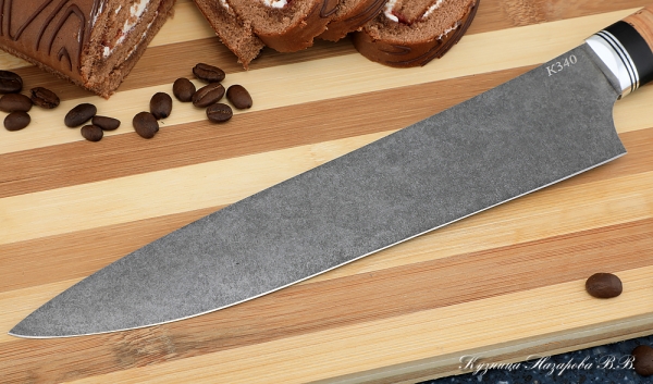 Кухонный нож Шеф № 14 сталь К340 рукоять береста черный граб