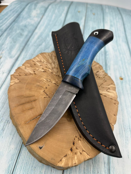 Нож &quot;Лань&quot; сталь дамаск, рукоять стабилизированная карельская береза синяя и черный граб (распродажа) 