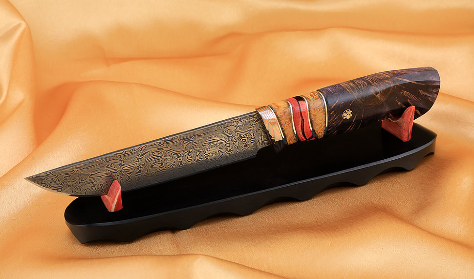 Gadfly knife 2 Damascus stainless mammoth bone Karelian birch pin mokume-gane on a stand