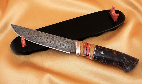 Gadfly knife 2 Damascus stainless mammoth bone Karelian birch pin mokume-gane on a stand