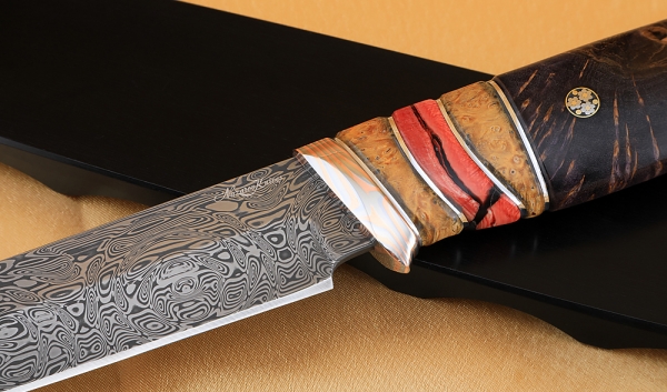 Gadfly knife 2 Damascus stainless mammoth bone Karelian birch pin mokume-gane on a stand