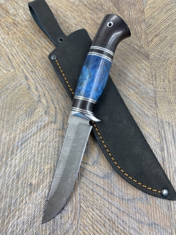 Нож Рыбак 2 дамаск стабилизированная карельская береза синяя черный граб (распродажа)