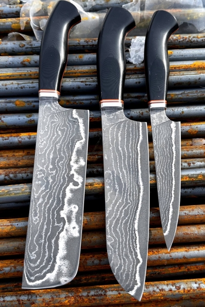 Кухонный набор "Японская тройка" сталь ламинированный дамаск, рукоять G10 черная