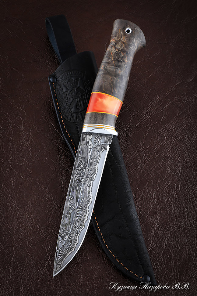 Нож Вепрь дамаск ламинированный карельская береза коричневая акрил
