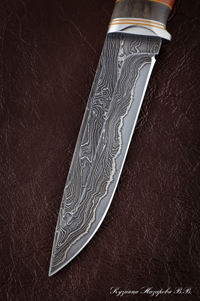 Knife Boar Damascus laminated Karelian birch brown acrylic