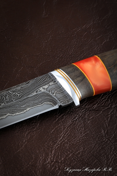 Knife Boar Damascus laminated Karelian birch brown acrylic