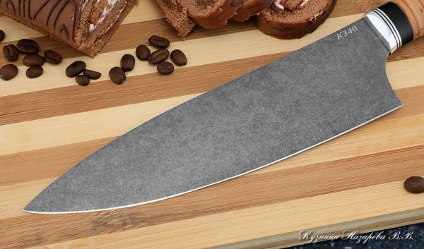 Кухонный нож Шеф № 13 сталь К340 рукоять береста черный граб