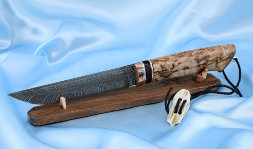 Zasapozhny Damascus butt knife Karelian birch mammoth bone mokume-gane on a stand
