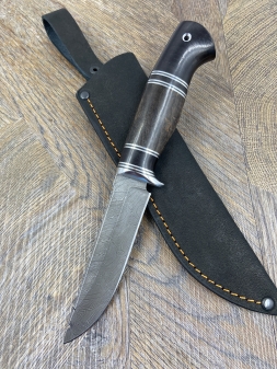 Нож Рыбак 2 дамаск стабилизированная карельская береза коричневая черный граб (распродажа)