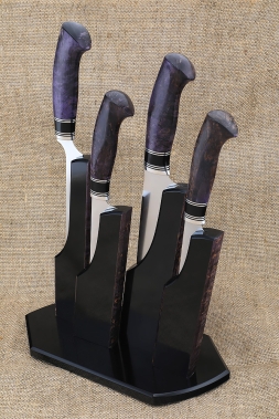Kitchen set of 4 knives steel KN-01 with nickel handle Karelian birch purple acrylic black stand acrylic black and Karelian birch purple