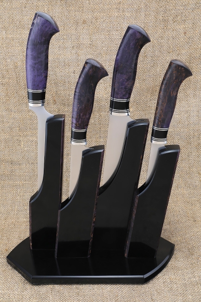 Кухонный набор из 4 ножей сталь КН-01 с никелем рукоять карельская береза фиолетовая акрил черный подставка акрил черный и карельская береза фиолетовая