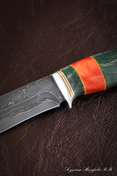 Нож Варан дамаск ламинированный карельская береза зеленая акрил
