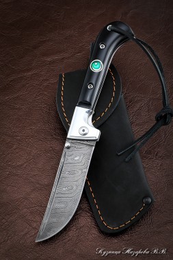Нож складной Пчак сталь дамаск накладки черный акрил с мусульманским значком