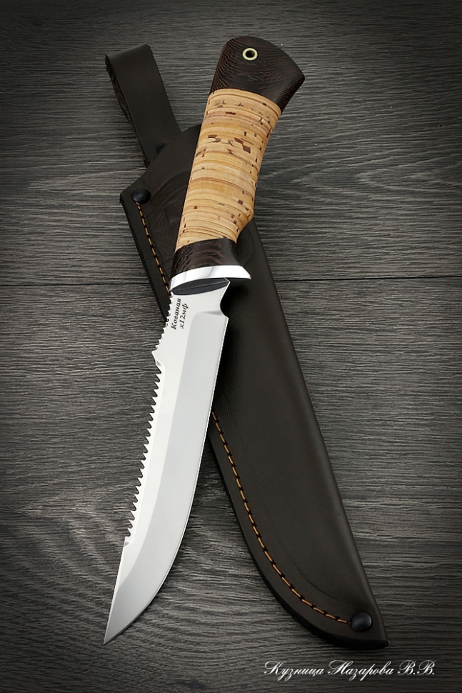 Нож Рыбак 2 сталь кованая х12мф береста (надпись)