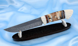 Gadfly knife 2 Damascus stainless mammoth bone elk horn on a stand
