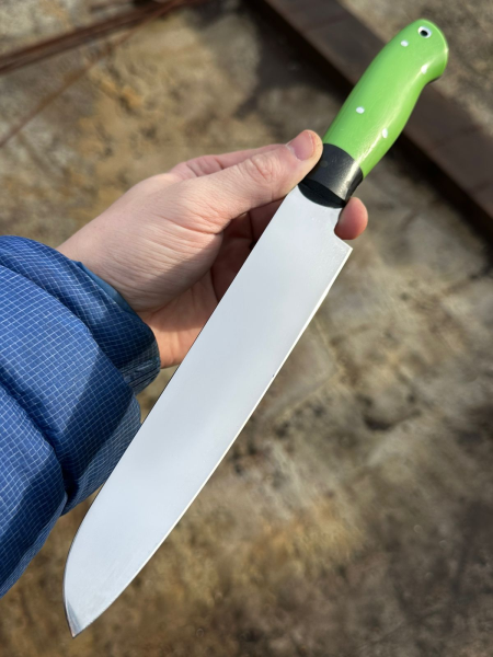 Шеф нож №12 сталь х12мф, накладки G10 зеленые (распродажа) 