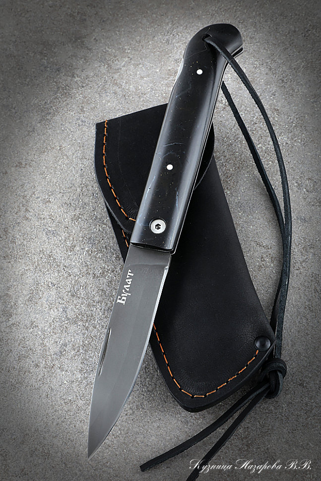 Folding knife Pike Perch 2 steel Wootz steel lining Acrylic Black