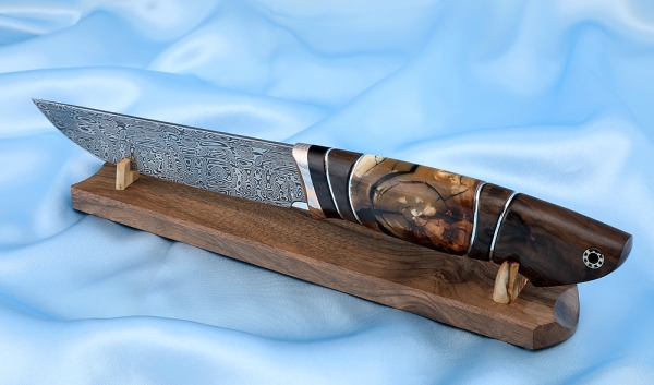 Gadfly knife 2 Damascus stainless mammoth bone Karelian birch mokume-gane on a stand