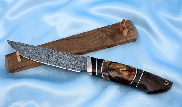 Нож Овод 2 дамаск нержавеющий кость мамонта карельская береза мокуме-гане на подставке