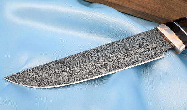 Gadfly knife 2 Damascus stainless mammoth bone Karelian birch mokume-gane on a stand