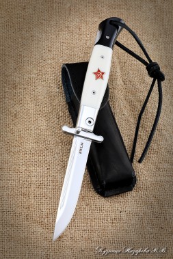 NKVD knife folding steel RWL-34 lining acrylic white+black with red star with pin