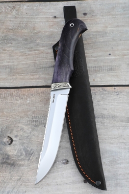 Нож "Рыбак" сталь S390 с никелем рукоять карельская береза фиолетовая и мельхиор 