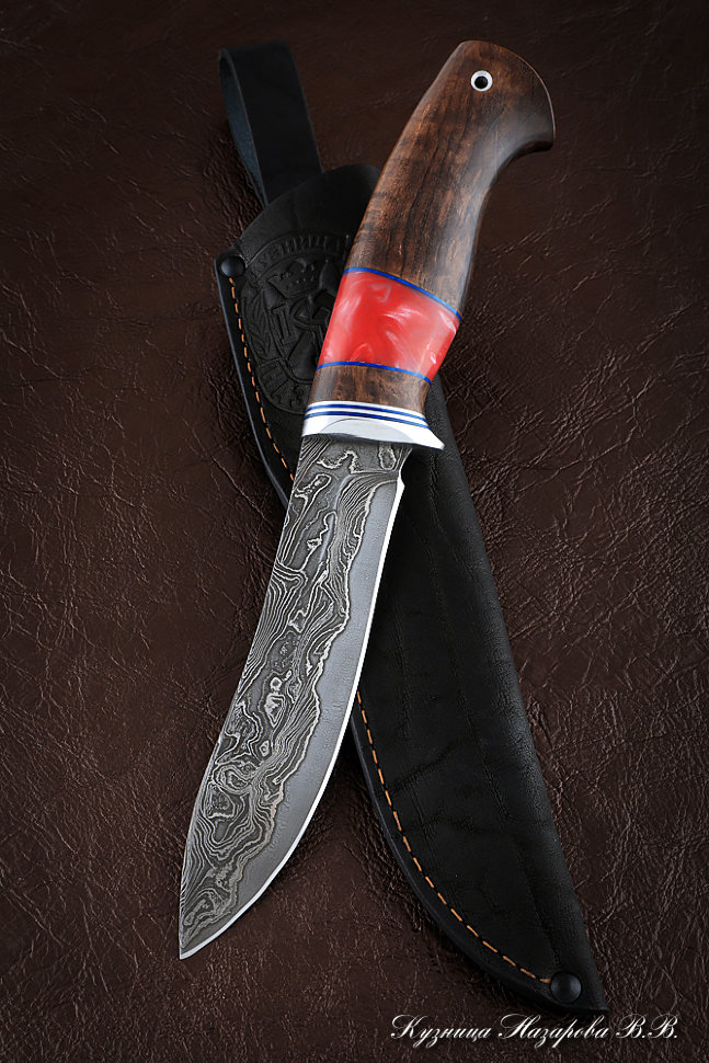 Knife Volcano Damascus laminated Karelian birch brown acrylic
