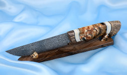 Gadfly knife 2 Damascus stainless mammoth bone elk horn Karelian birch on a stand