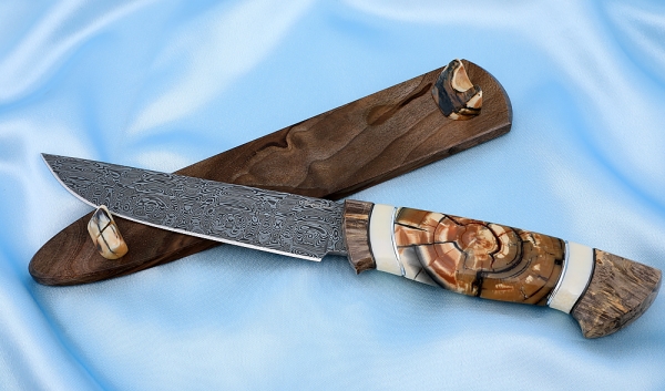 Gadfly knife 2 Damascus stainless mammoth bone elk horn Karelian birch on a stand