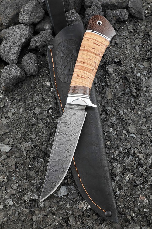Knife Thrush Damascus handle birch bark