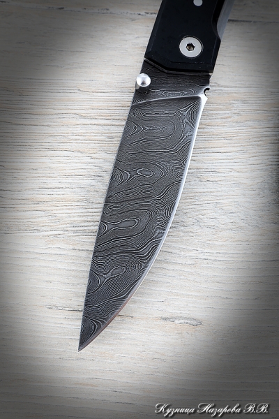 Folding Camping Knife Damascus Steel Handle Black Acrylic