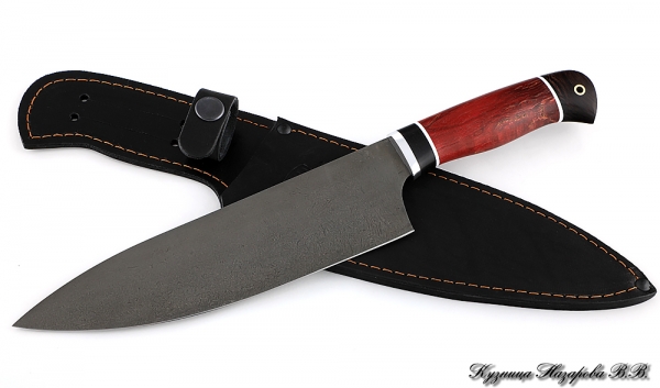 Кухонный нож Шеф № 13 сталь х12мф рукоять черный граб стабилизированная карельская береза красная