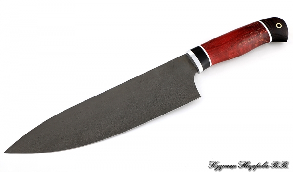 Кухонный нож Шеф № 13 сталь х12мф рукоять черный граб стабилизированная карельская береза красная